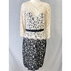 Tadashi Shoji Petite Cream Black Lace Overlay 3/4 Sleeve Dress 12P